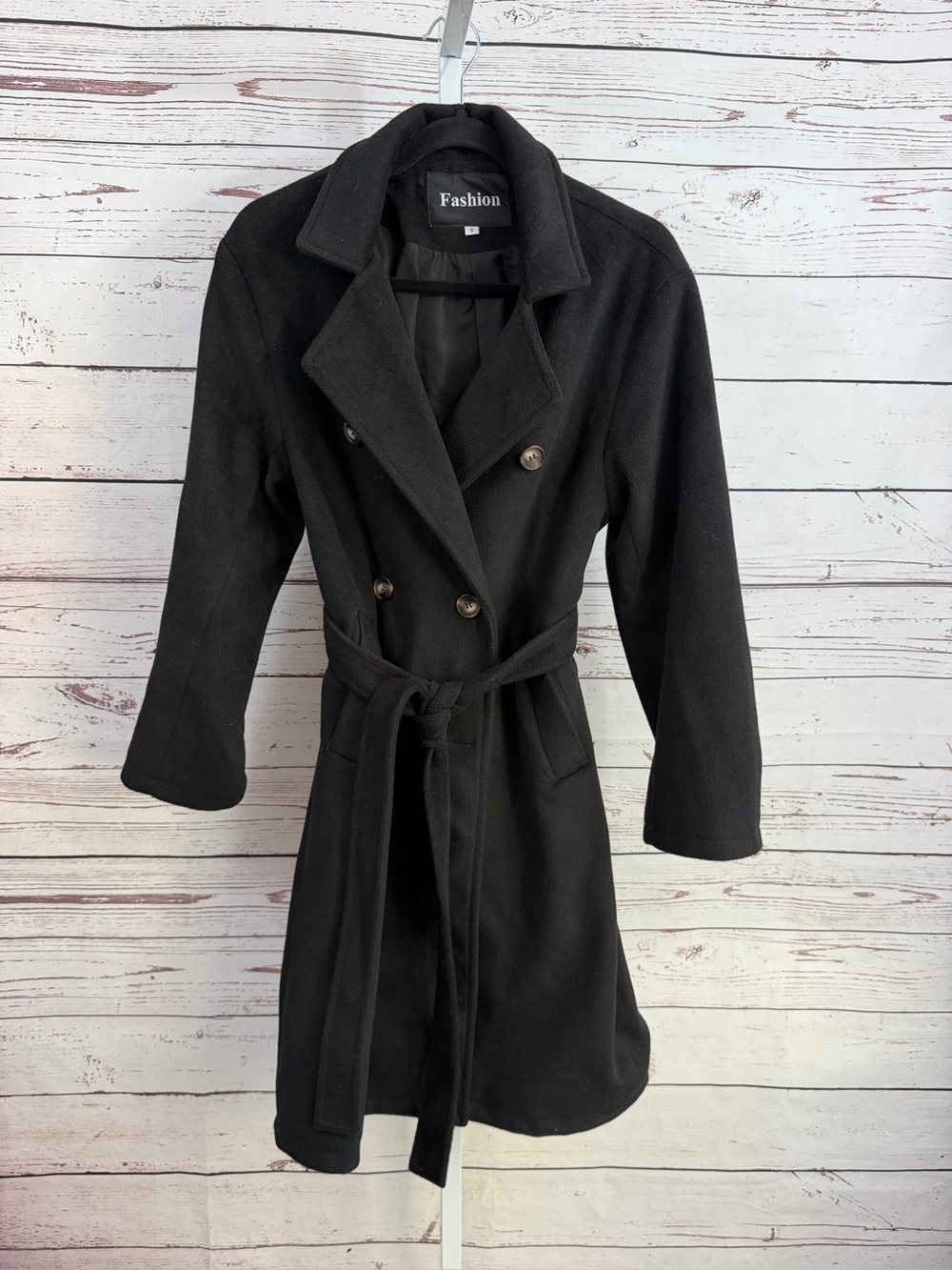 Fashion Black Wool Blend Double Breasted Trench Coat Small